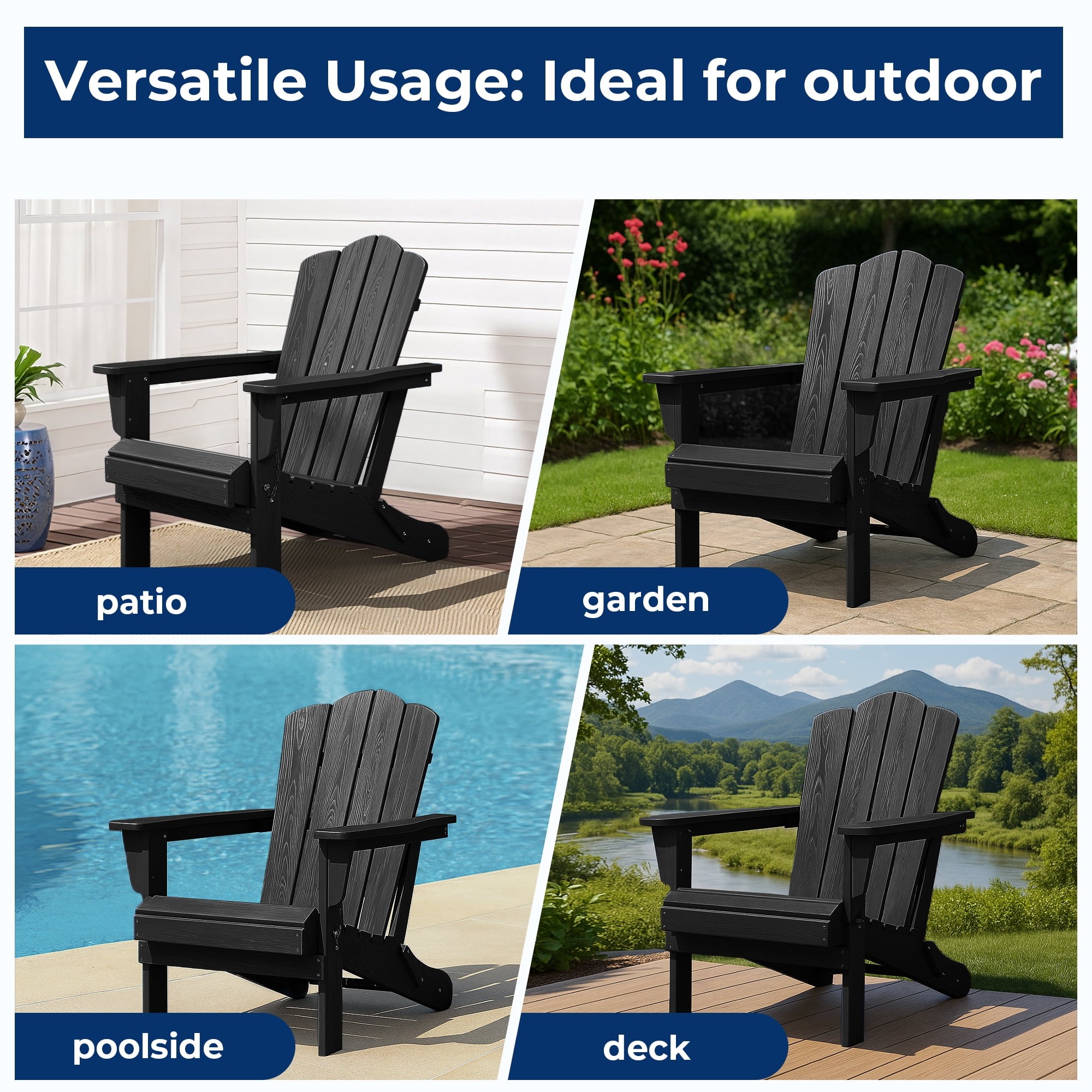 FUNDAZE HDPE Adirondack Chair, Foldable Weather-resistant Outdoor Chair for Patio, Poolside, Garden, Yard, Black