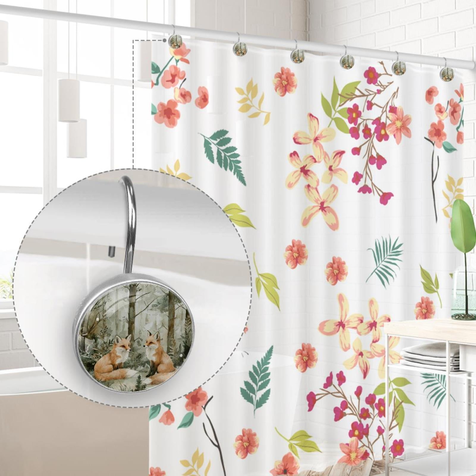 Foxes on Tree Forest Shower Curtain Hooks Round Crystal Glass, Set of 12 Shower Curtain Rings - Shower Hooks for Curtain Shower Rings