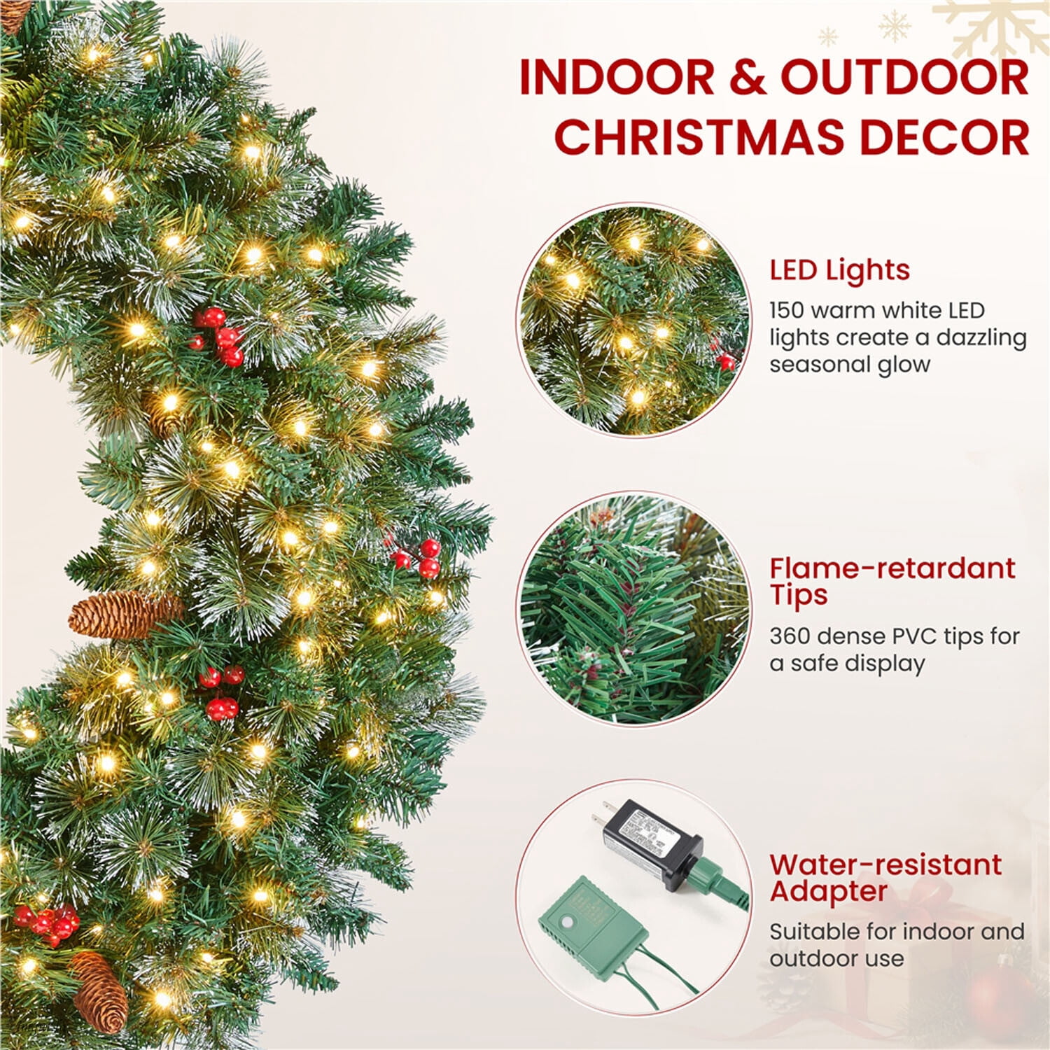 Alden Design 36 Inch Artificial Pre-lit Frosted Christmas Wreath with Bowknot & Pinecones & Holly Berries & LED Lights, Green