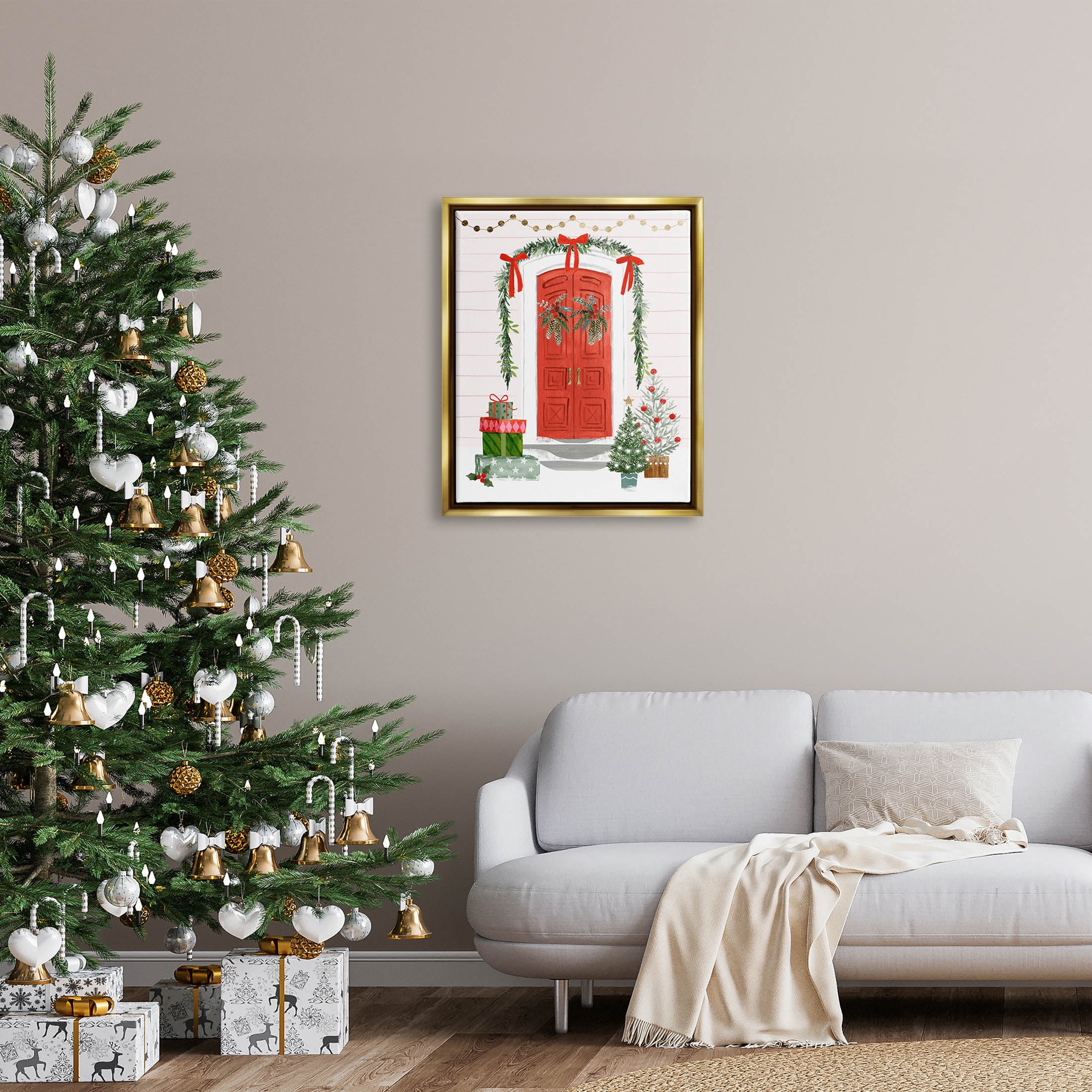 Stupell Industries Red Jolly Christmas Doorway Graphic Art Metallic Gold Floating Framed Canvas Print Wall Art, Design by Victoria Barnes