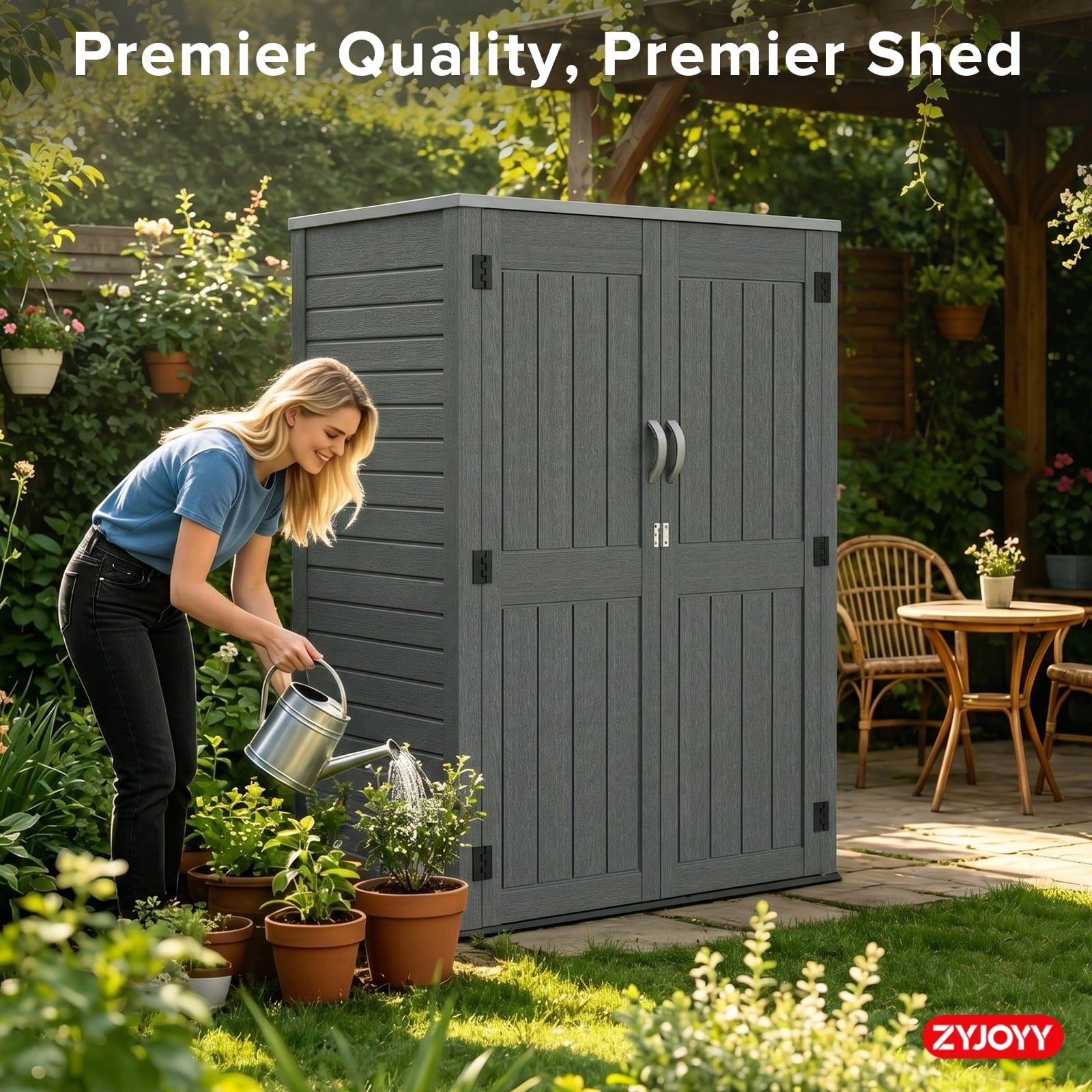 ZYJOYY 60 Cu.Ft Outdoor Resin Storage Shed with Floor & Double Doors, Lockable Waterproof All-Weather Garden Tool Shed for Patio & Backyard, Dark Gray