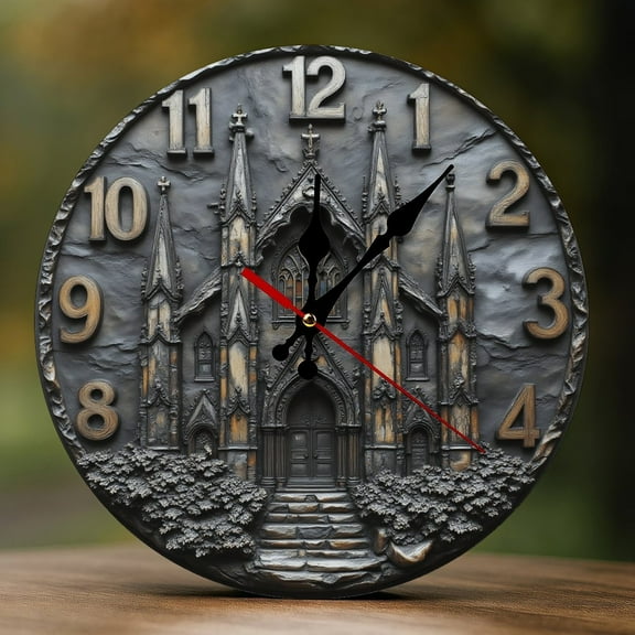 Wall Clock Decorative - Gothic Cathedral Print 2D Vintage Wall Clocks Battery Operated Silent Non-Ticking for Bedroom, Living Room, Kitchen, Office, Classroom, 10 Inch