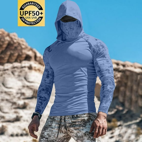 Nmnitkp UPF 50 Sun Protection Men's Long Sleeve Fishing Shirt with Mask UV Neck Gaiter Hoodie,Breathable Men Pullover Light Blue,2XL