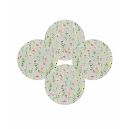 Round Placemats Set of 4 Wildflowers Eucalyptus Leaves Place Mats Washable Woven Placemat Spring Flowers Sage Green Circle Braided Table Mat for Kitchen Dining Table Party Home Decor 15 Inch