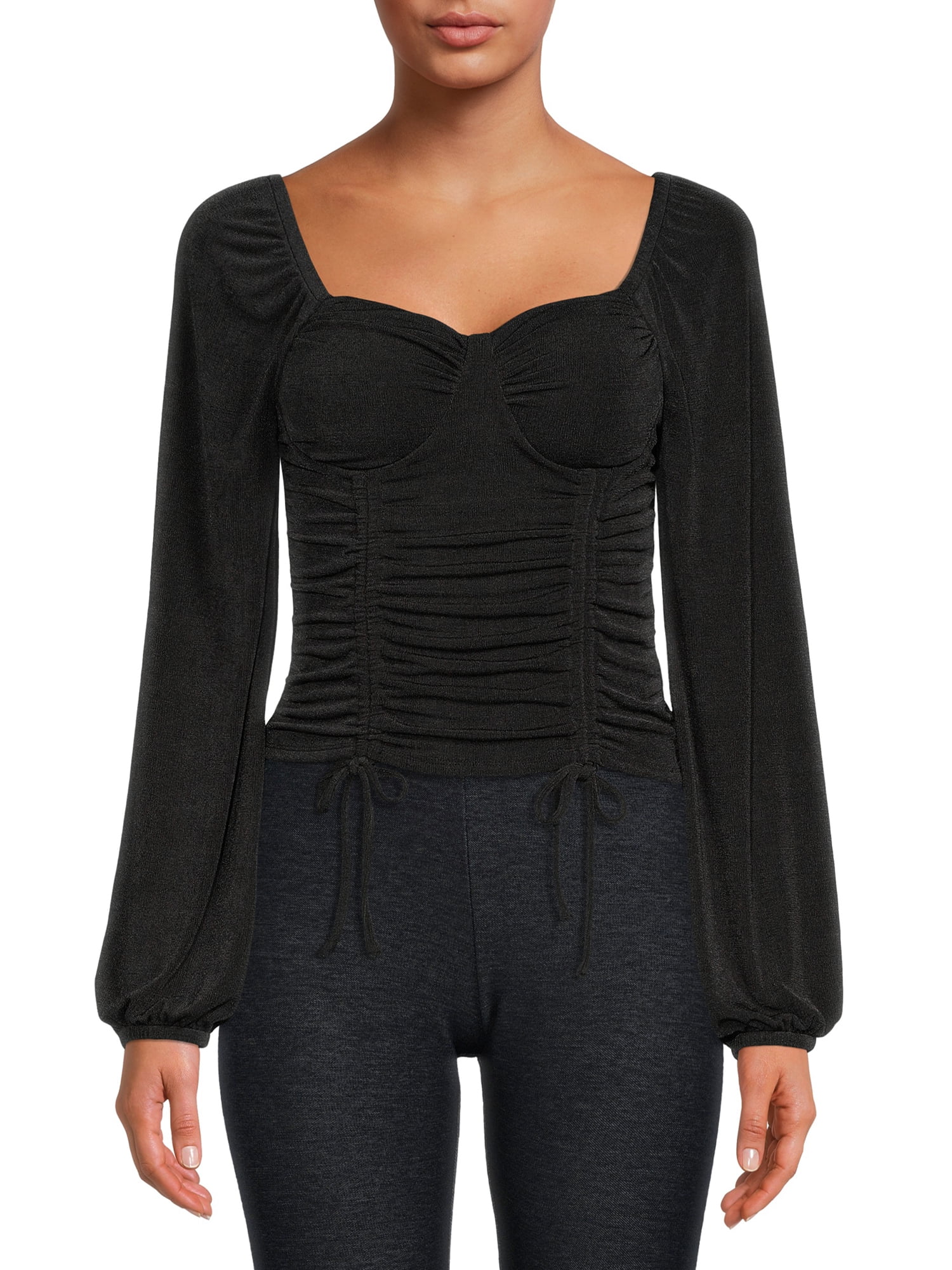 No Boundaries Juniors' Ruched Peasant Top