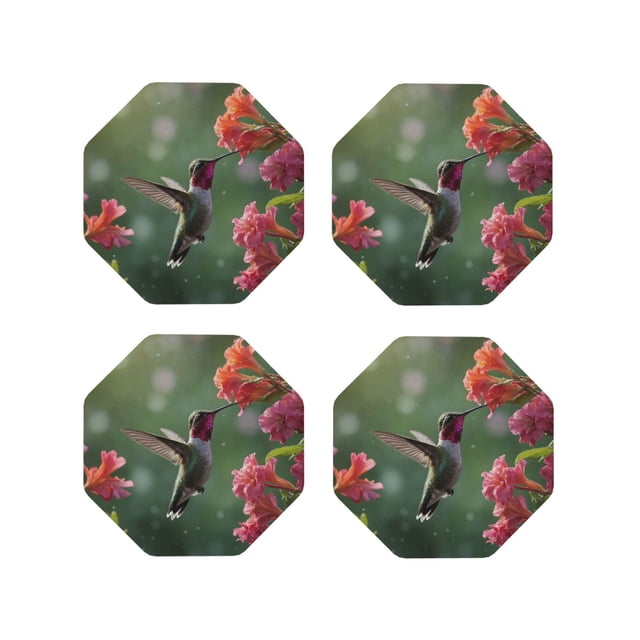 Vsdgher Humming Bird 1 Print Leather Coasters for Drinks, Durable Drink Coasters 4 Set for Tabletop Protection, Luxurious Home Décor and Housewarming Gift-Octagon