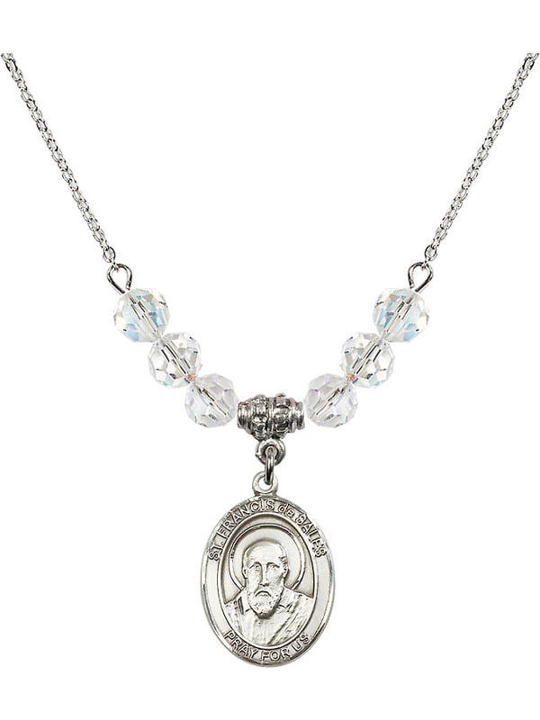 Bonyak Jewelry 18 Inch Rhodium Plated Necklace w/ 6mm Red July Birth Month Stone Beads and Saint Francis de Sales Charm 