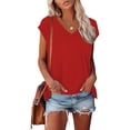 thumbnail image 2 of QATAINLAV en Liquidation Liquidation, Hauts d'Été pour Femmes 2025 Tendance Décontracté Manches Courtes Unies Mignonnes Tuniques Col en V Blouses Amples Rouges m, 2 of 9