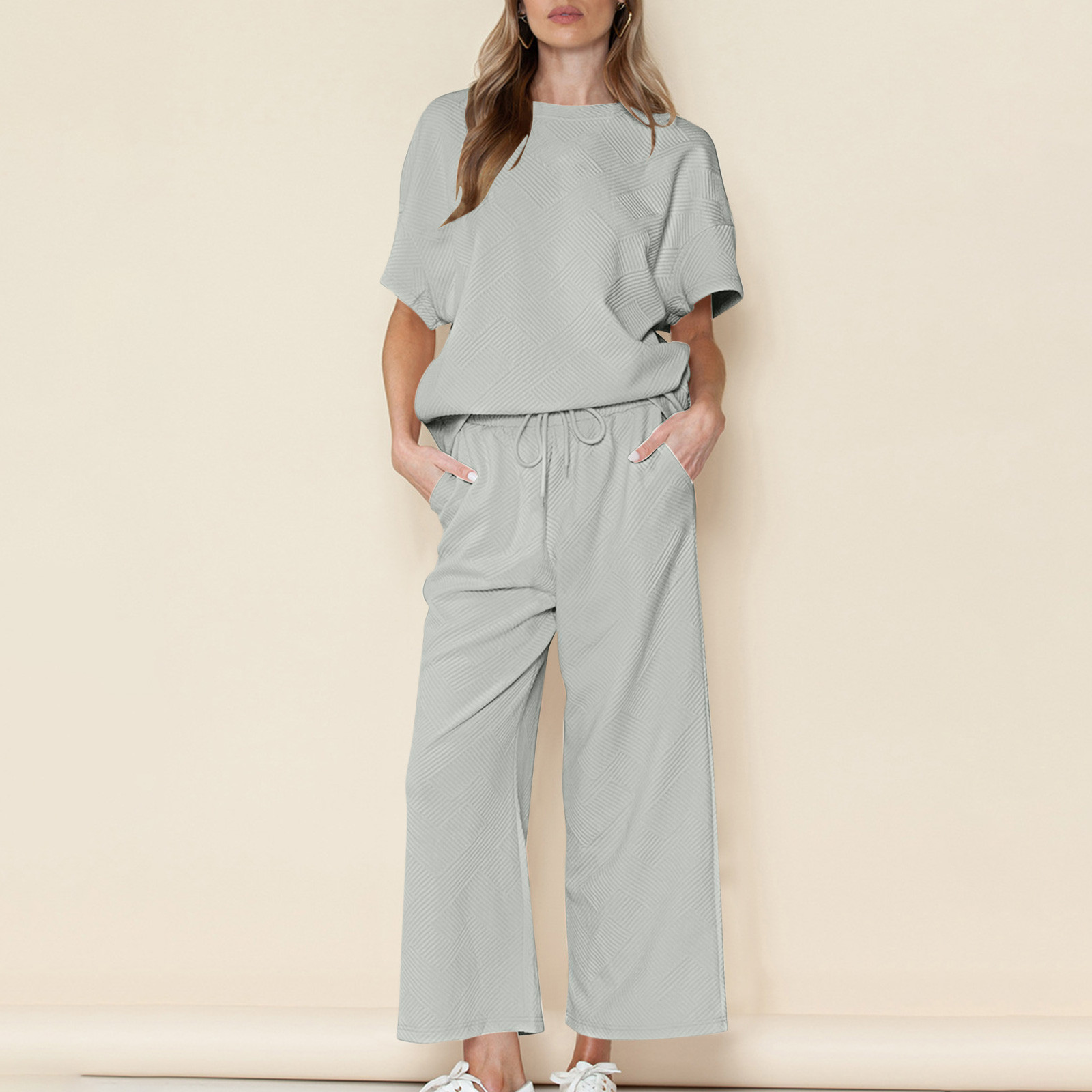 Survêtement Femme 2 Pièces Coton & Lin - Tee-Shirt Manche Courte & Pantalon - Style Décontracté Été