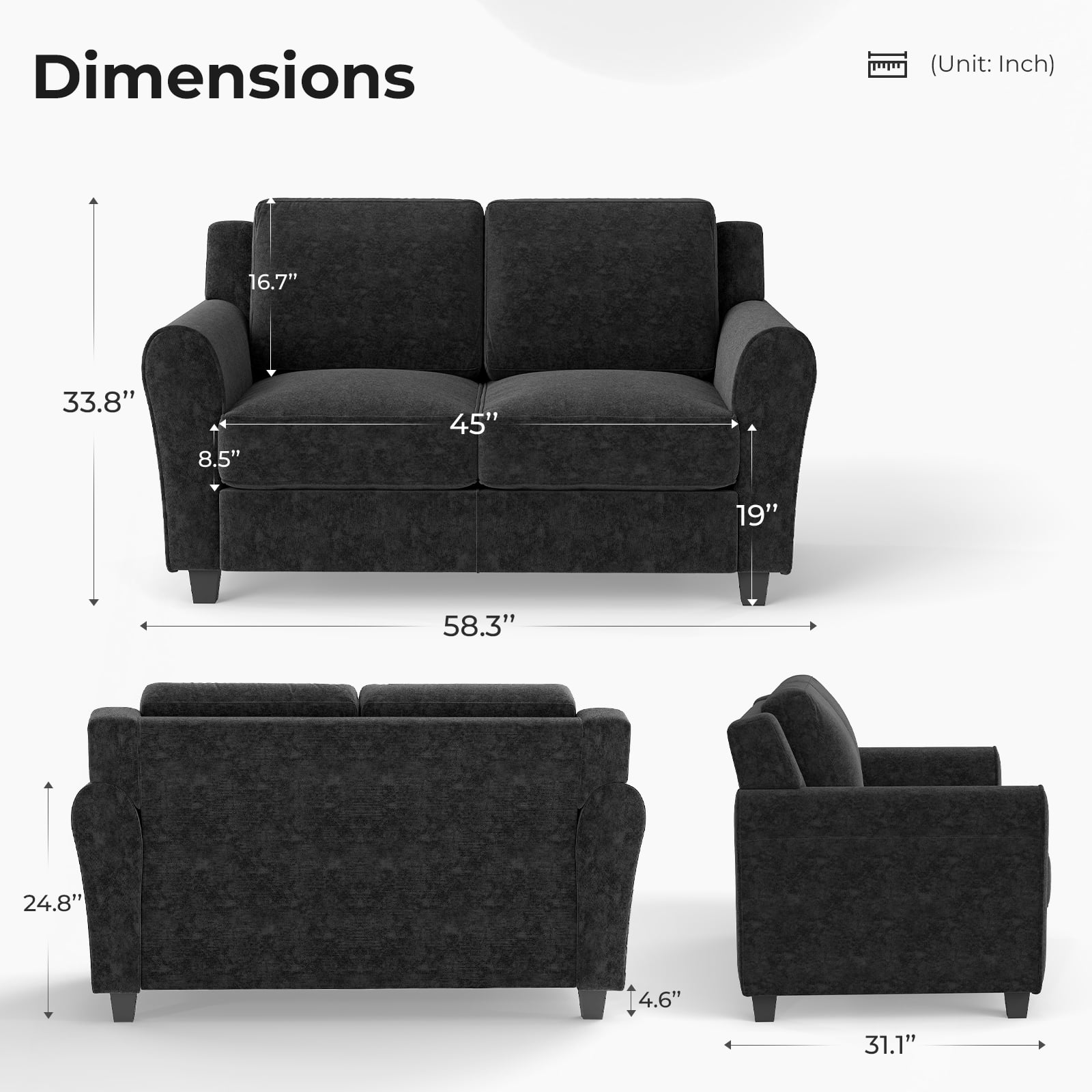 Ebello Modern Loveseat Sofa, 2-Seater Upholstered Sofa Couch with Thick Cushions for Living Room and Bedroom, Black