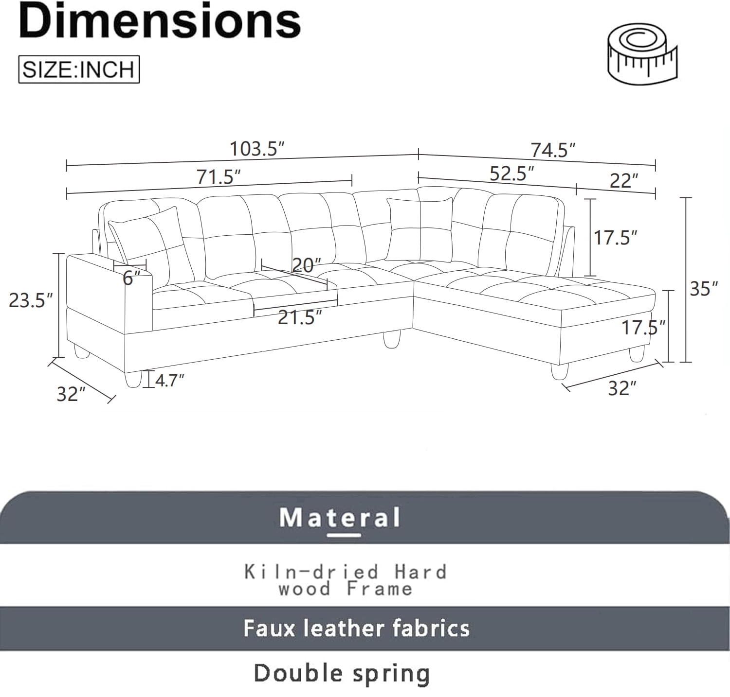 Sectional Couch for Living Room Furniture Sets, Black Faux Leather Sofa Couch L Shape Couch Living Room Sofa with Chaise 2 Piece Using for Living Room(Black,Facing Right Chaise)
