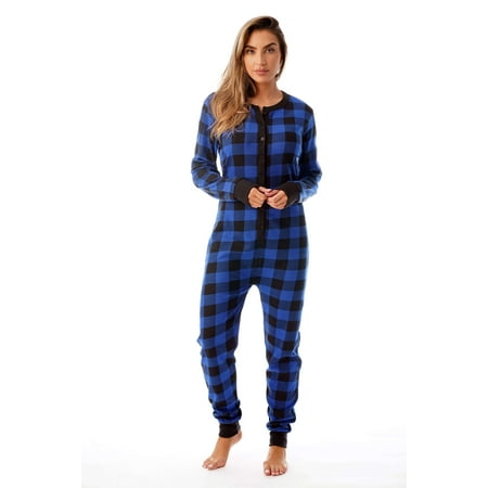 #followme Women's Thermal Henley Bodysuit - Cozy and Comfortable Winter Sleepwear and Loungewear Union Suit (Royal / Black, Small)