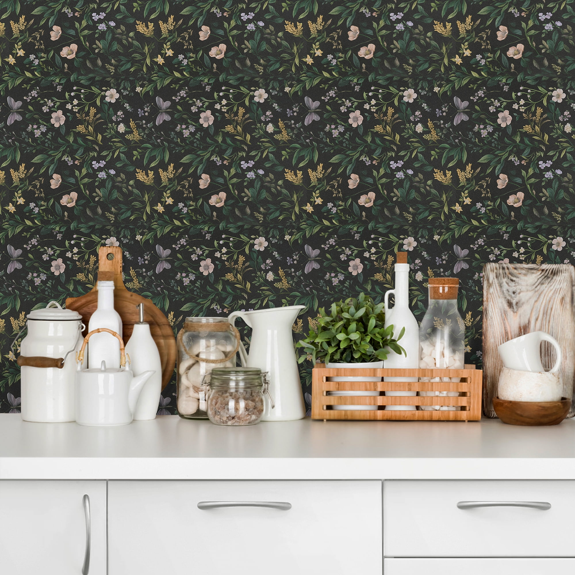 (4 pack) UMIGGEE Floral Wallpaper Peel and Stick Wallpaper Self Adhesive Black Wall Paper Butterfly Contact Paper 17.3-in x 118-in Home Decor Wall Covering Old Furniture Renovation