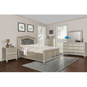 Classic Contemporary Silver Finish 4pc Bedroom Set California King Size Bed Dresser Mirror Nightstand Padded Leatherette Tufted Hb