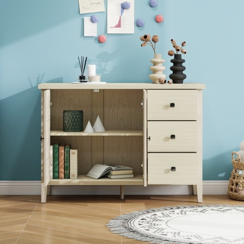 BSHTI Hollowed-out Cabinet with 2 Door 3 Drawers, American Furniture, Suitable for Bedroom, Living Room, Study