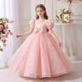 thumbnail image 4 of LEKWK Girls Bow Princess Dress Sequin Puff Short Sleeve Tulle Tiered Pageant Gown Ruffle Cute Dress for Flower Girl Wedding Birthday Party 3-14Y, 4 of 8