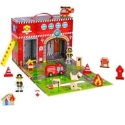 Pidoko Kids Fire Station Toy - 19 Pcs Play Set - Magnetic Portable Box - Easy Storage - Perfect Toy Gift Set for Boys and Girls