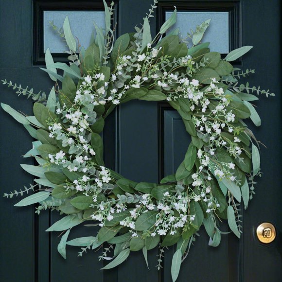 Corona YXZZWL con flores de eucalipto y aliento de bebé, 66 cm, color verde
