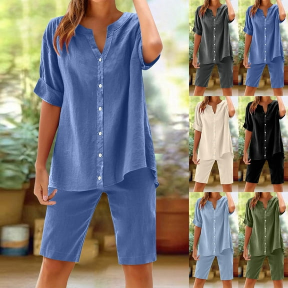 Feancey Linen 2 Piece Sets for Women Summer Casual Short Sleeve Shirts Matching Bermuda Shorts Lounge Set 2025 Trendy Vacation Beach OutfitsBlue L
