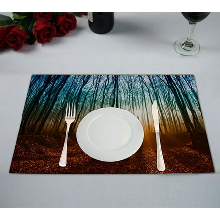 

GCKG Misty Forest Landscape Placemat Art Tree Branches with the Rising Sun Sunrise Placemat 12x18 Inch Set of 2