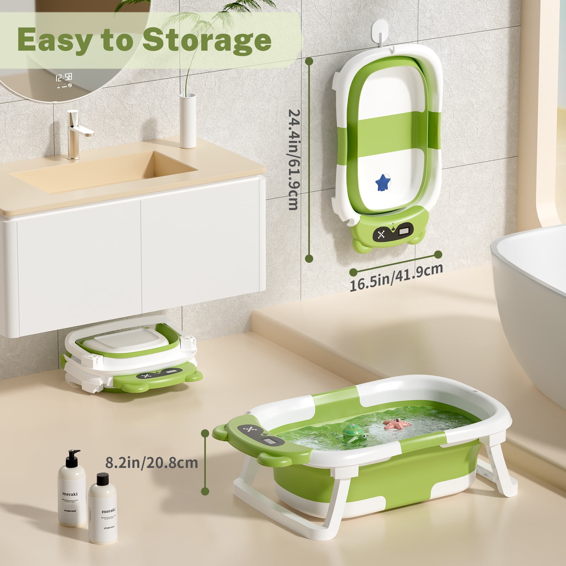 COOSEYA Baby Bathtub ,Collapsible Baby Bathtub , Bath Tub with Cushion and Thermometer ,Newborn to Toddler Portable Travel Multifunctional Bathing 0-2 Years (Bear/Green)