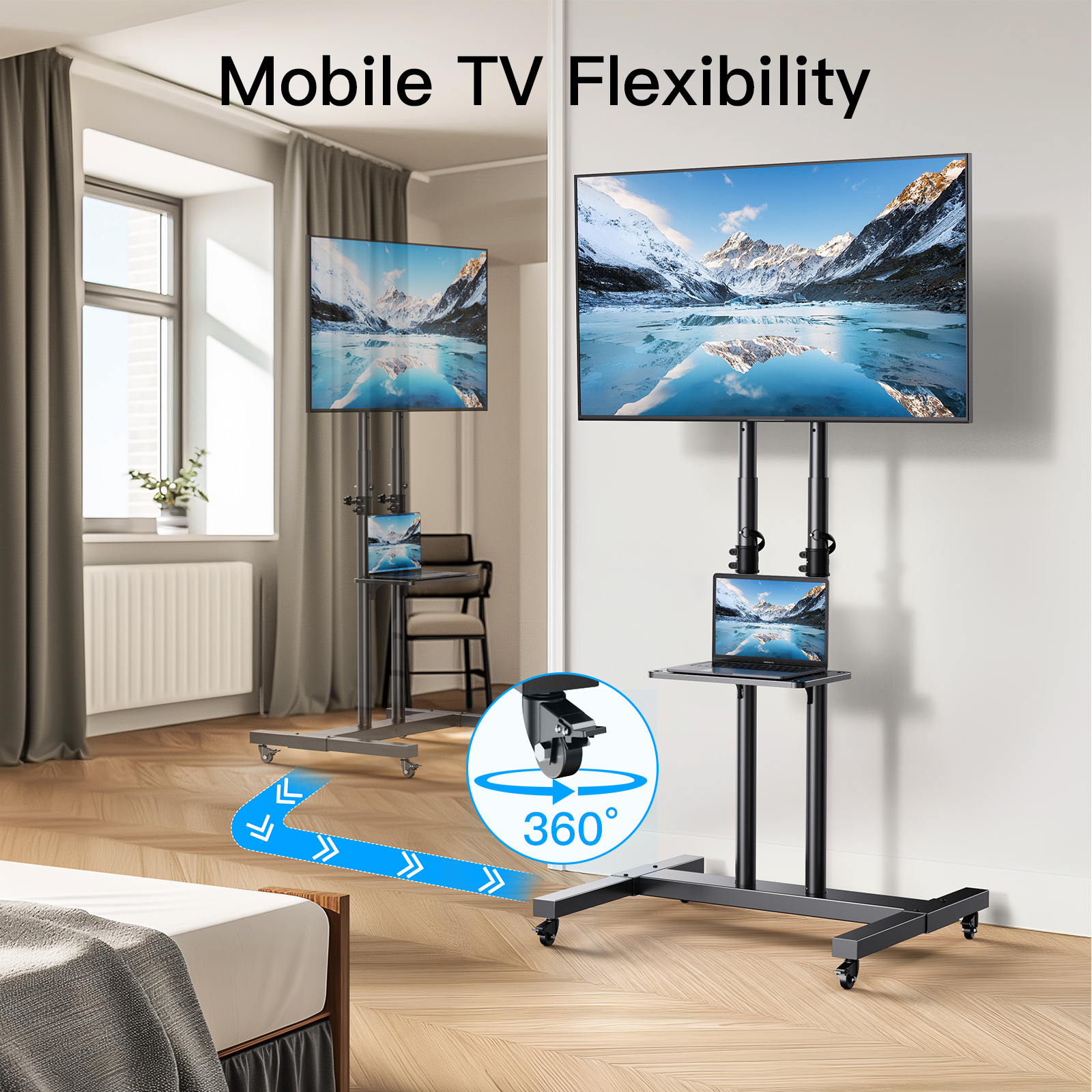 MountFTV Modern Rolling TV Stand with Metal Shelf, 32-82" photo 6