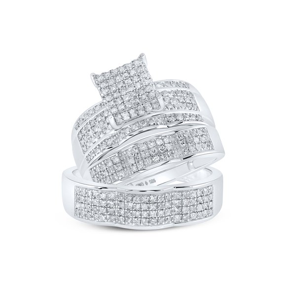Sterling Silver His Hers Round Diamond Square Matching Wedding Set 7/8 Cttw