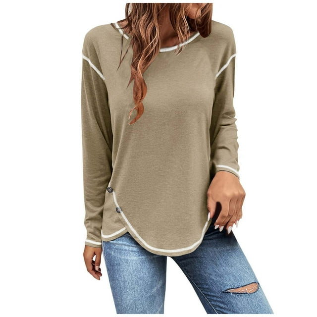 EQWLJWE Blouses à Manches Longues pour Femmes Mode Col Rond Manches Longues Unie Décontractée Patchwork Blouse