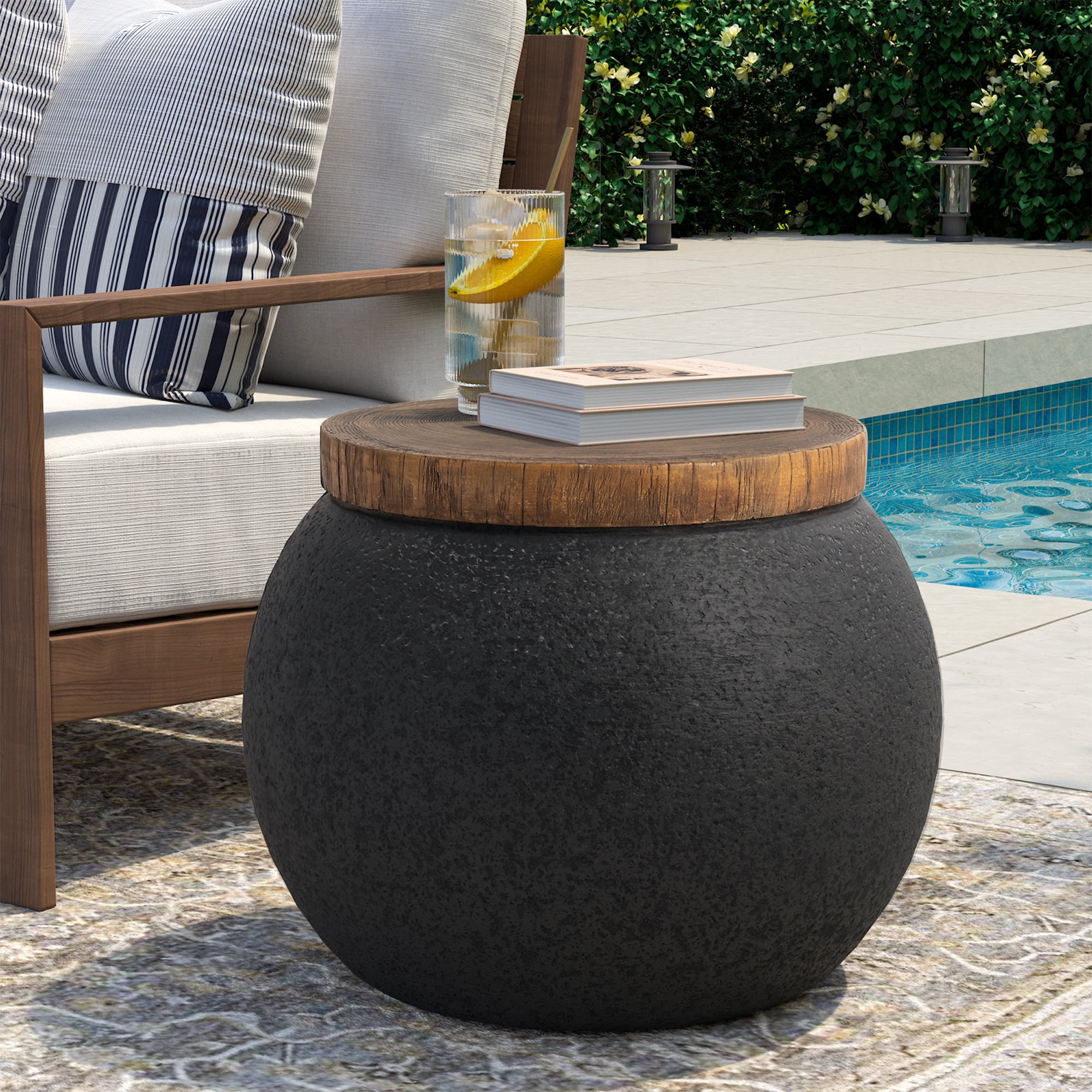 VENTOPYR 2 PCS Concrete Outdoor Side Table with Wood Grain Top,Small Jar Shaped Round Accent End Table for Patio, Garden,Black