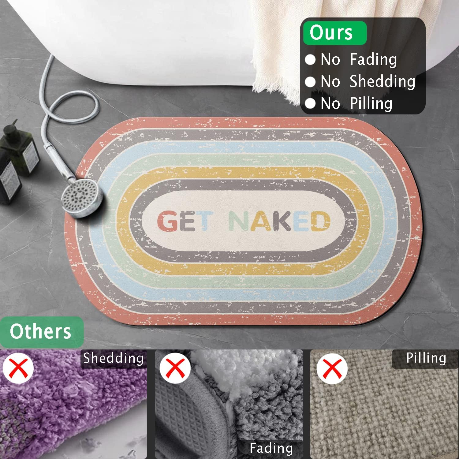 Rainbow Bath Mat Get Naked Super Absorbent Quick Dry 20"x32" Rubber Backed Washable Colorful Bathroom Rugs Non Slip Bath Rugs Mats for Shower Bathroom, Oval