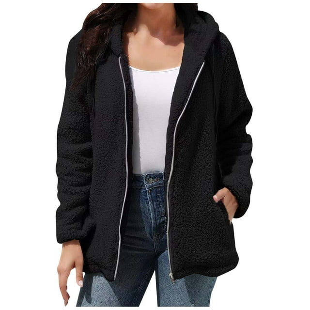 Plus Size Jacket for Women Warm Zip Up Hooded Coat Long Sleeve Fuzzy Outerwear with Pockets Comfortable Casual Winter Wear