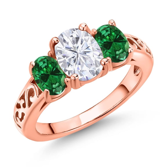 Gem Stone King 18K Rose Gold Plated Silver White Moissanite and Green Created Emerald Filigree Style 3 Stone Ring for Women (2.20 Cttw, Oval 8X6MM and 6X4MM) (Size 7)