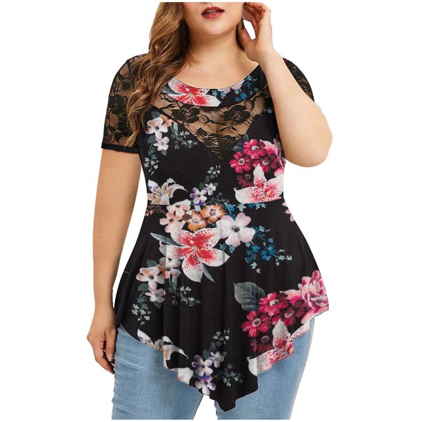 ICHUANYI Clearance Fashion Woman Causal Round Neck Floral Printing Blouse Short Sleeve T-Shirt Summer Tops(Black, XXL) ICHUANYI WER2023081003261