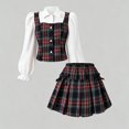 thumbnail image 5 of Girls Preppy Plaid 2‑Piece Outfit Set Puff Long Sleeve Shirt Vest Top Bow Elastic Waist Pleated Skirt Kids Academy Style Clothing for School Performance Daily Wear(White,12-13 Years), 5 of 7