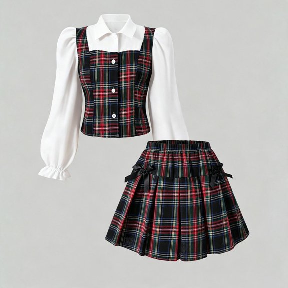 FYDUU Girls Fall Clothing Sets Plaid Collared Blouse Long Sleeve Button Down Shirt And A-Line Pleated Skirt School Uniform 2 Piece Outfit Set 11-12 Years