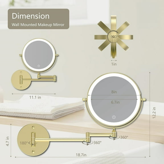 Rechargeable Wall Mounted Lighted Makeup Vanity Mirror 8 Inch Double Sided 1X 10X Magnifying Bathroom Mirror, 3 Color Lighting, Touch Screen Dimming, 360 Rotation Shaving Mirror Gold