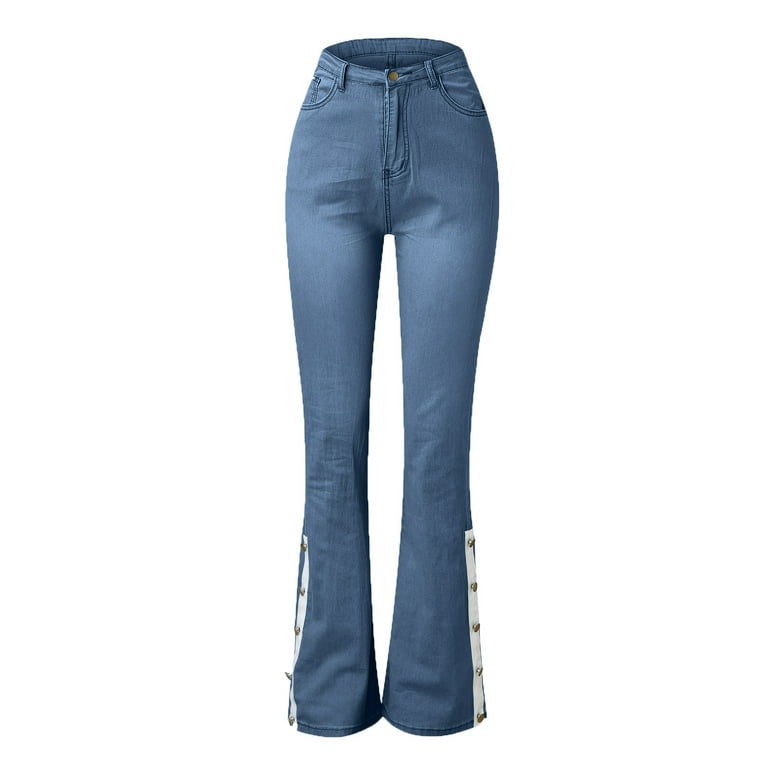 Jeans High Hole Trousers Waist Slim Micro Button Band Pants