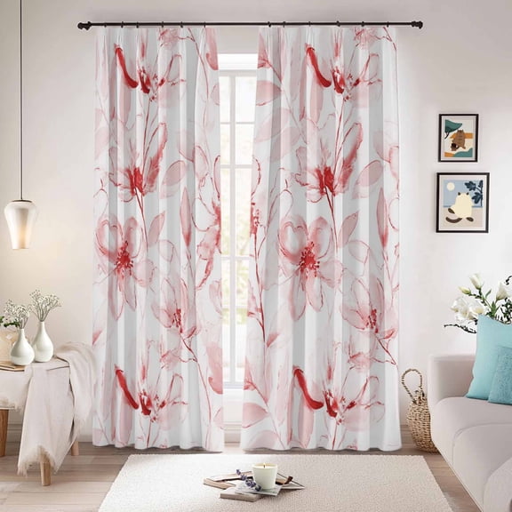 Pink Flower Blackout Curtains for Bedroom/Living Room, Pinch Pleated Black Out Curtains, Watercolor Floral Botanical Line Drawing Print Room Darkening Window Drapes with Hooks 2 Panels, 59"x70"