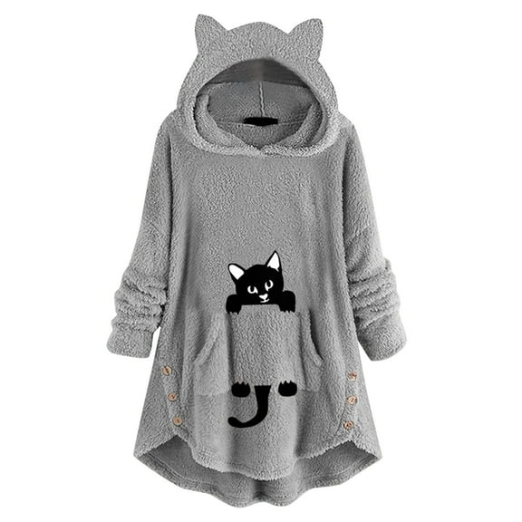IROINNID Deals Womens Long Sleeve Tops Long Hoodie Dress Cute Pattern Winter Cat Ear Fleece Fuzzy Hooded Blanket Dress Plush Tops For Teen Girls,Gray