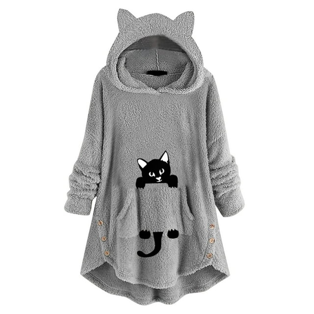 Chandail à Capuchon Couverture en Molleton Longue Robe à Capuchon Femmes Motif Mignon Hiver Oreilles de Chat Molleton Duveteux Robe Couverture à Capuchon Hauts en Peluche pour Adolescentes
