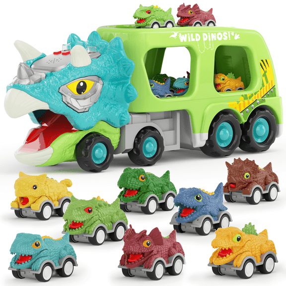 Dinosaur Toys for Kids 3-5, Toddler Boy Toys, Dinosaur Carrier Truck with 8 Pull Back Cars, Transport Carrier Truck for Toddlers, Birthday Gifts with Music & Lights for 2 3 4 5 Year Old Boys