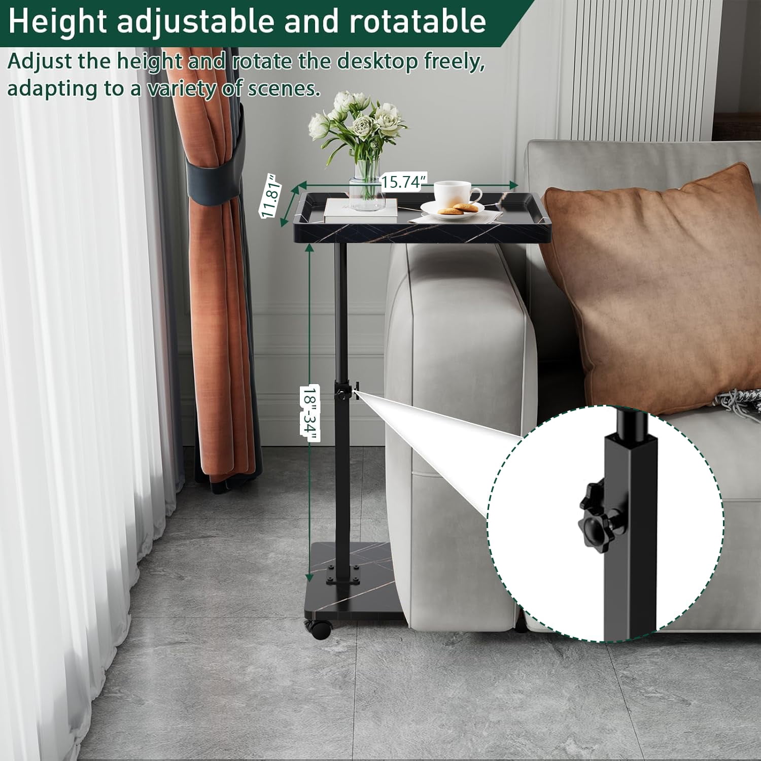 ManyFun C Table End Table Adjustable Heigh Durable MDF Top, Steel Frame, Universal Wheels, Multifunctional Tea Table-(Black and Gold)