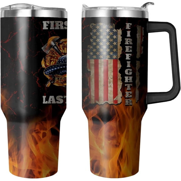 40 Oz Firefighter Tumbler With Handle and Straw, Double Wall Coffee Travel Mug, Leak Proof Stainless Steel Cup, Reusable Insulated Gift for Fireman