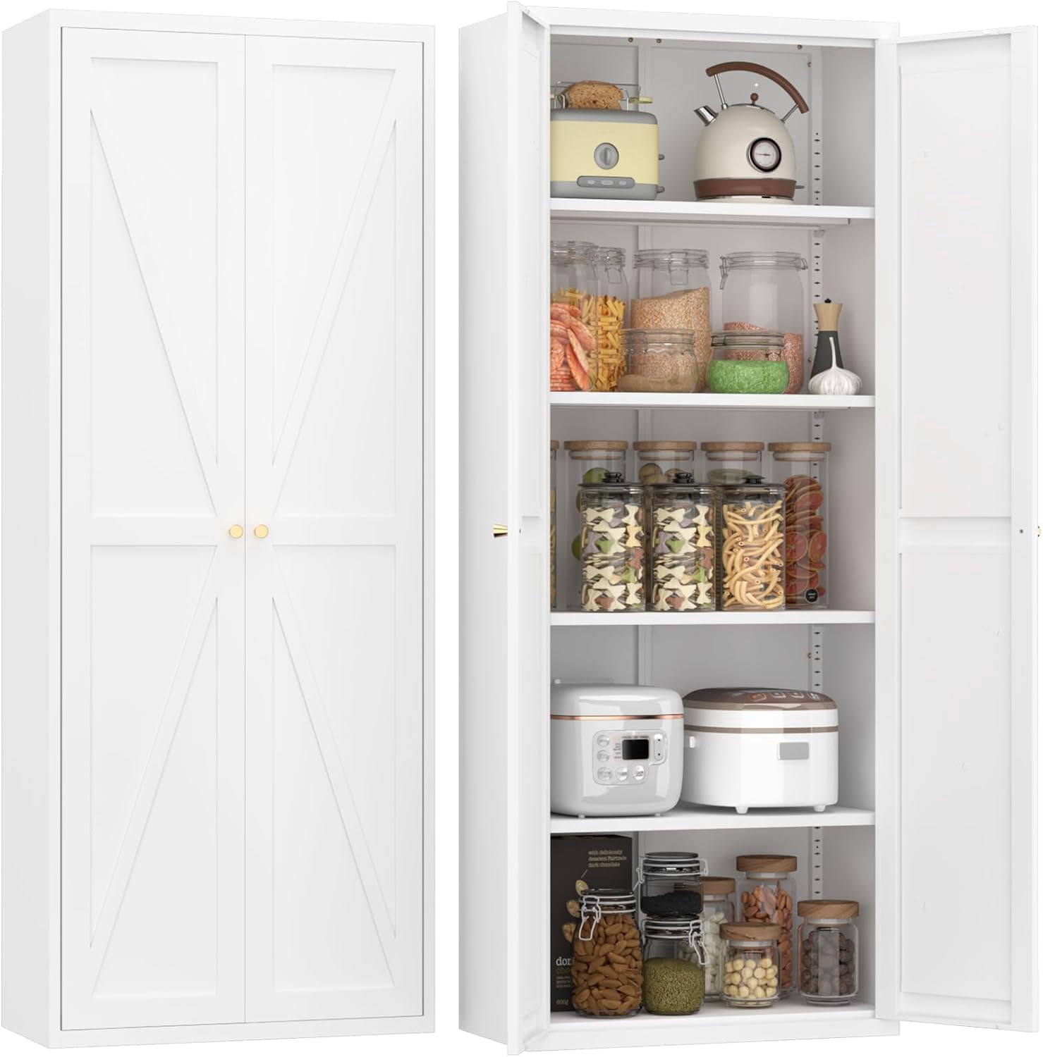 Howcool 71" 2-Door Steel Storage Cabinet with Adjustable Shelves for Kitchen Living Room Office, White