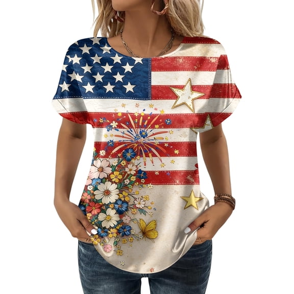 KDDYLITQ 250th Birthday Shirts Womens 250th Anniversary Printed Short Sleeve Red White Blue Clothes Usa Flag Crew Neck Birthday T-Shirts Patriotic 2026 Tees Beige L