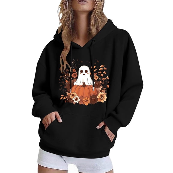 EchfiProm Womens Sweatshirt with Pocket Oversized Hooded Black Ghost Print Pullover Tops for Ladies Long Sleeve L