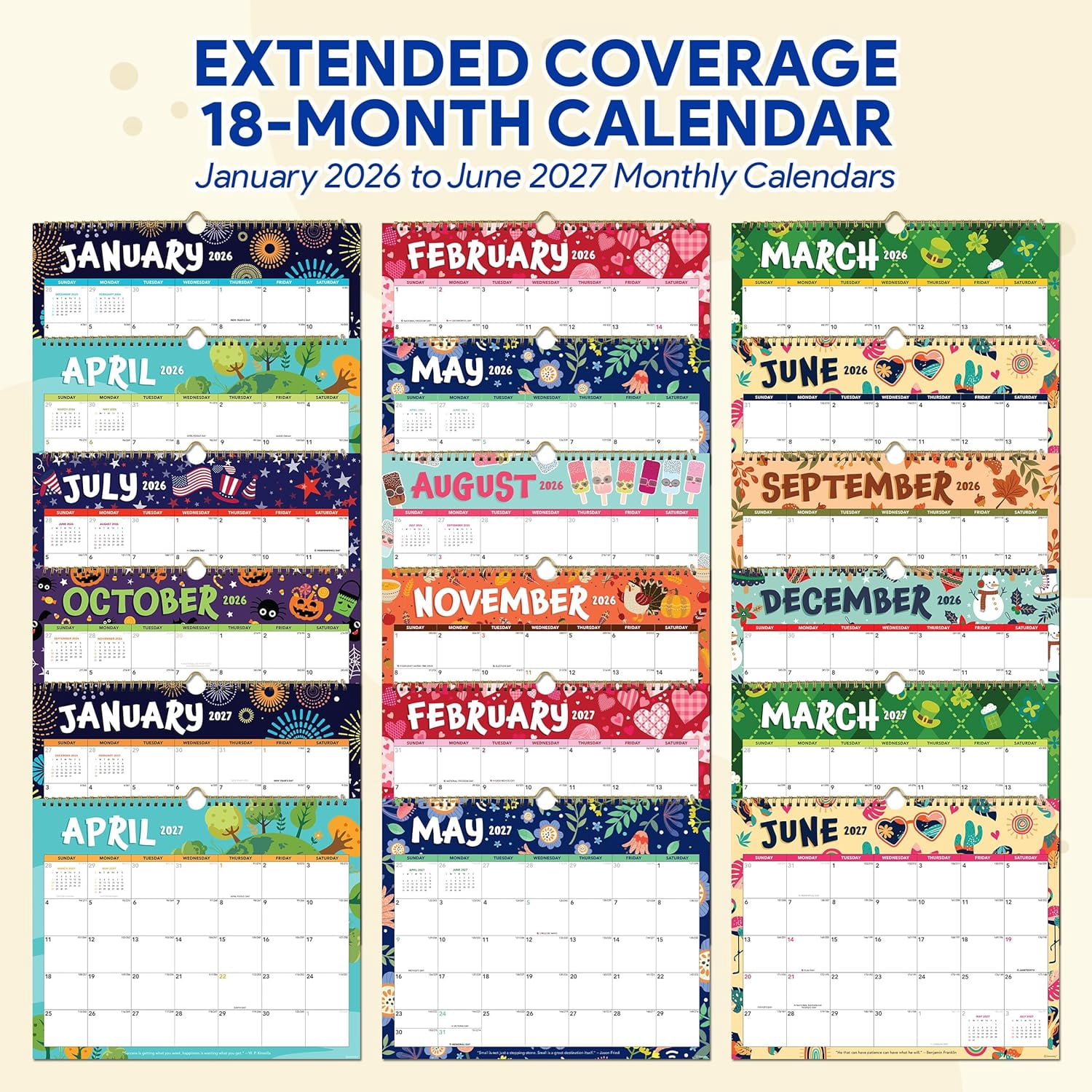 18 Months Colorful Landscape Wall Calendar with Stickers January 2026 to June 2027, 14.5x11.5in Spring-Bound Sheets with Inspirational Quotes for Office, Home and School
