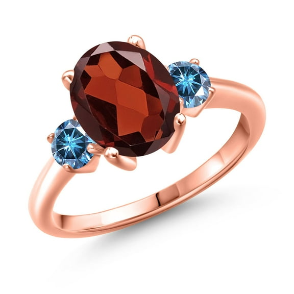 Gem Stone King 18K Rose Gold Plated Silver Ring Oval Red Garnet and Vivid Persian Blue Moissanite (3.26 Cttw, Size 6)