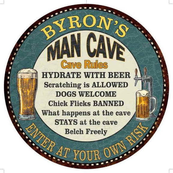 BYRON'S Man Cave Rules 14" Round Metal Sign Garage Wall Decor 100140009134