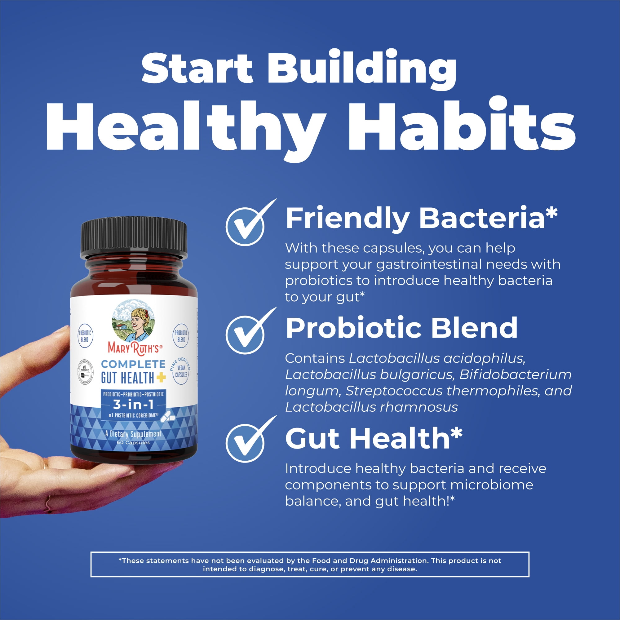 MaryRuth's 3-in-1 Complete Gut Health SCFA Butyrate Capsules Vegan Dairy-Free for Digestive Health, Unisex, Adults Ages 18+, 60 Count